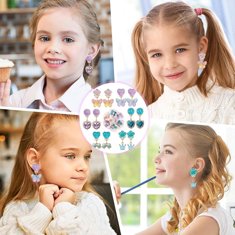 ERDOGLY Clip on Earrings for Girls, 16Pcs Kids Clip on Earrings for Little Girls Dangle Stick on Earring Party Favor, Toddler Earring Princess Pretend Play Dress up Jewelry Gifts - Image 5